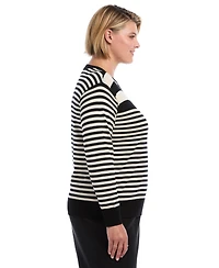 Rafaella Plus Striped Crewneck Ribbed Trim Pullover Sweater