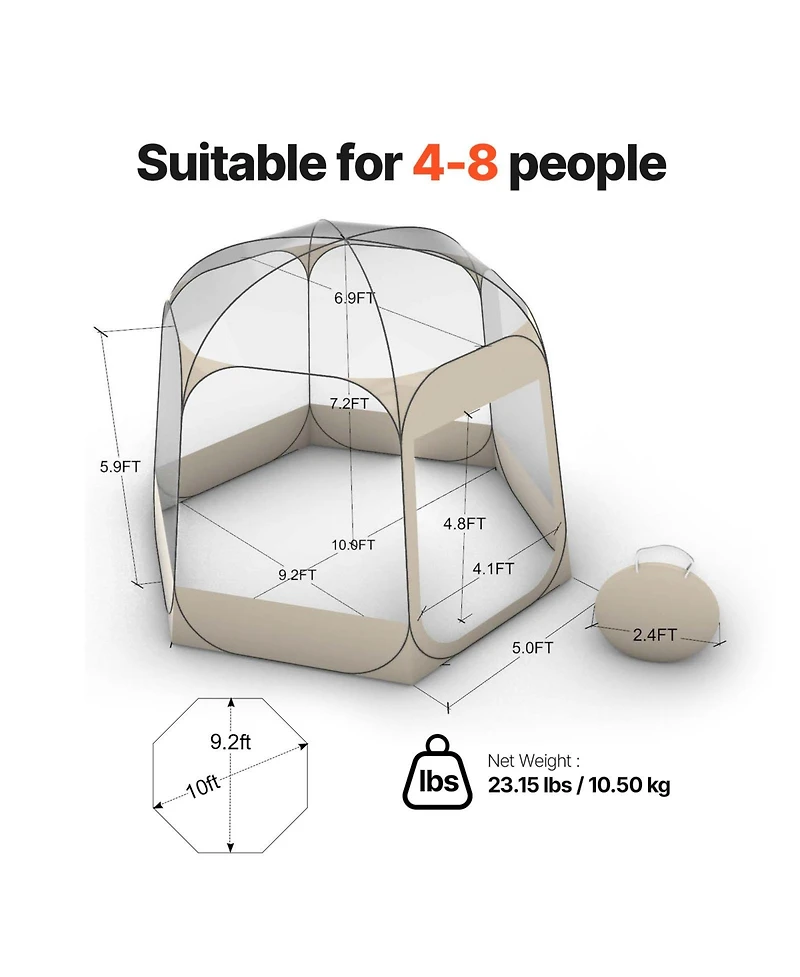 Sugift 10 x 9.2 feet Waterproof Uv-Resistant Pop-Up Bubble Tent Shelter with Windows for 4-8 Persons