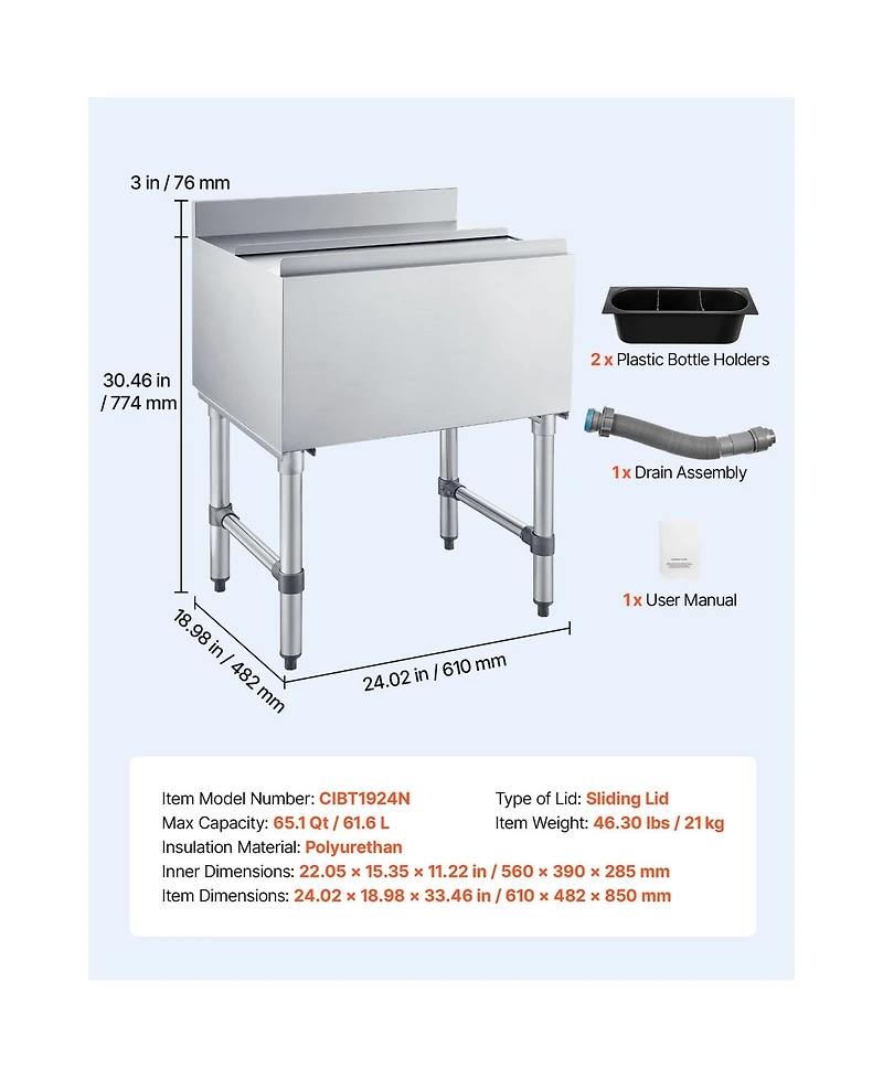 Sugift Commercial 65.1 Qt Ice Bin 24 x 19 x 33 inches Stainless Steel Cooler Cart with Sliding Lid