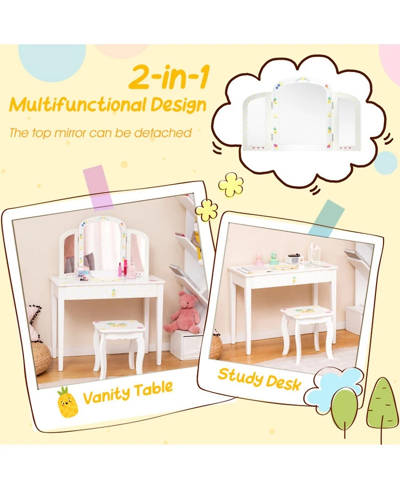 Gouun Kids Vanity Table Set with Tri-Folding Mirror and Pull-Out Drawer