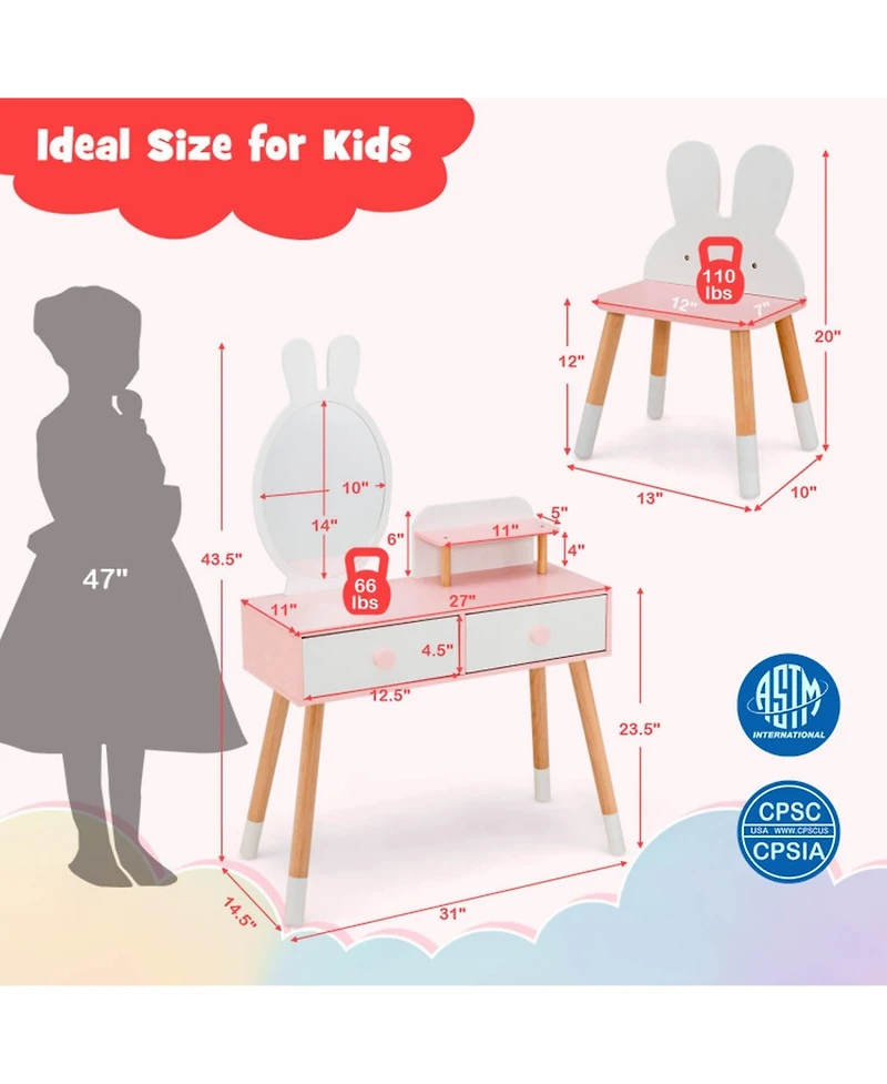 Gouun Kids Vanity Table and Chair Set with Drawer Shelf and Detachable Rabbit Mirror
