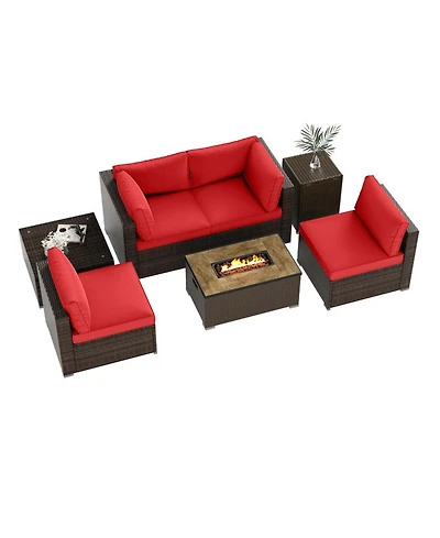 Gouun 7-Piece Wicker Sectional Set with 32 in Fire Pit Table and Tank Cover