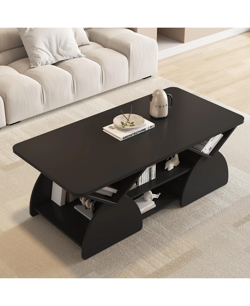 flynama Modern Rectangular Coffee Table with Storage Shelves Engineered Wood