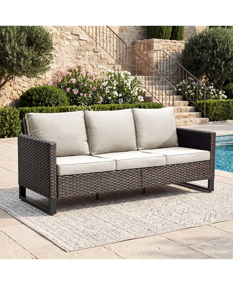 Pocassy Outdoor Patio Sofa, 3-Seat Wicker Couch with Thick Cushions, Deep Seating Furniture