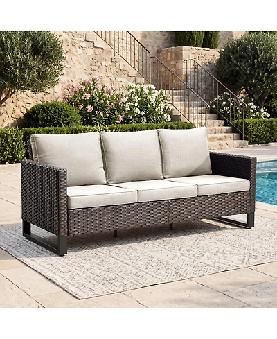Pocassy Outdoor Patio Sofa, 3-Seat Wicker Couch with Thick Cushions, Deep Seating Furniture