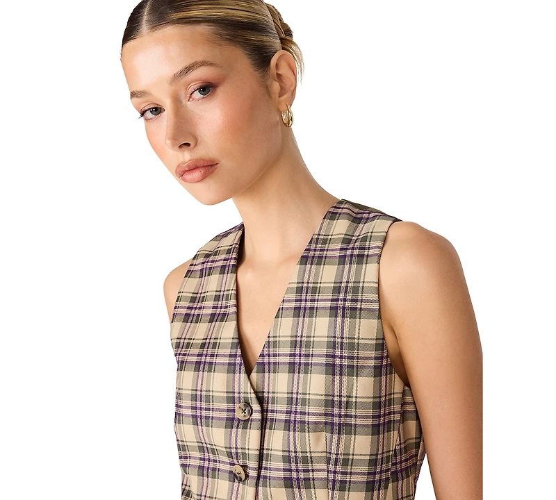 Steve Madden Women's Barret V-Neck Plaid Tailored Vest