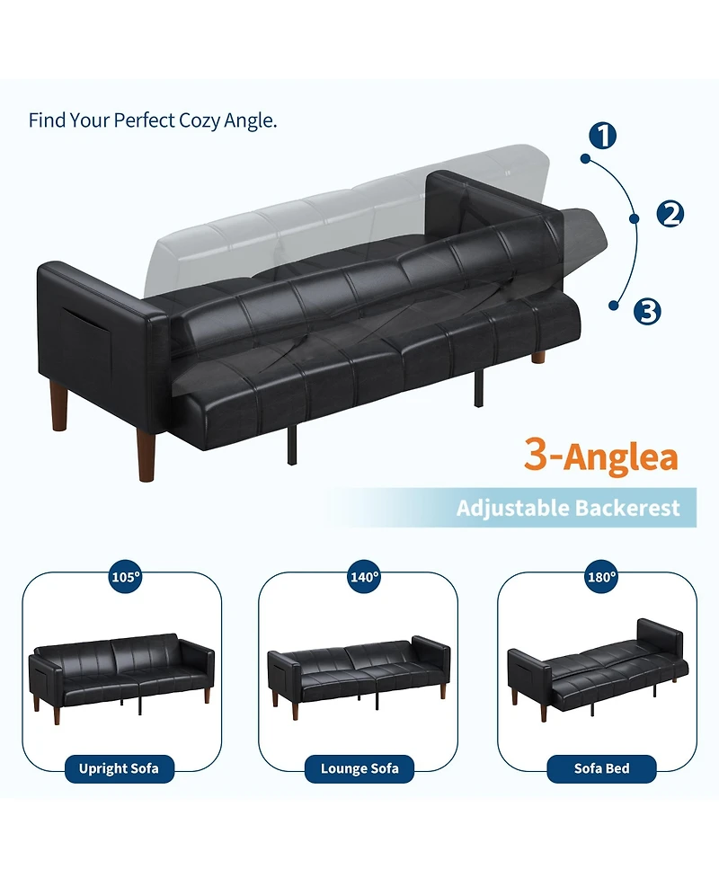 homfan 3-Mode Convertible Faux Leather Loveseat, Adjustable Backrest Futon Sofa Bed with Side Pockets, Mid-Century Furniture for Small Indoor Spaces