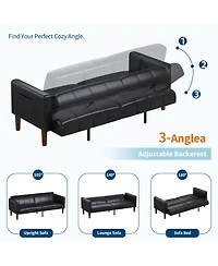 homfan 3-Mode Convertible Faux Leather Loveseat, Adjustable Backrest Futon Sofa Bed with Side Pockets, Mid-Century Furniture for Small Indoor Spaces