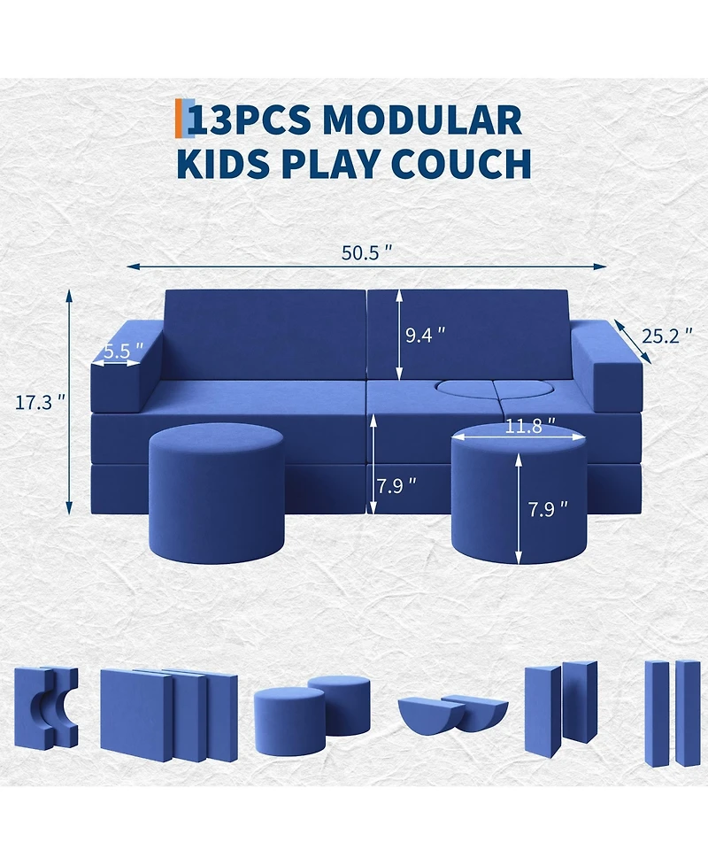 homfan 13-Piece Modular Play Couch Set, Convertible Foam Sofa with Washable Velvet Covers, Fold-Out Floor Chair for Playroom, Bedroom, Living Room
