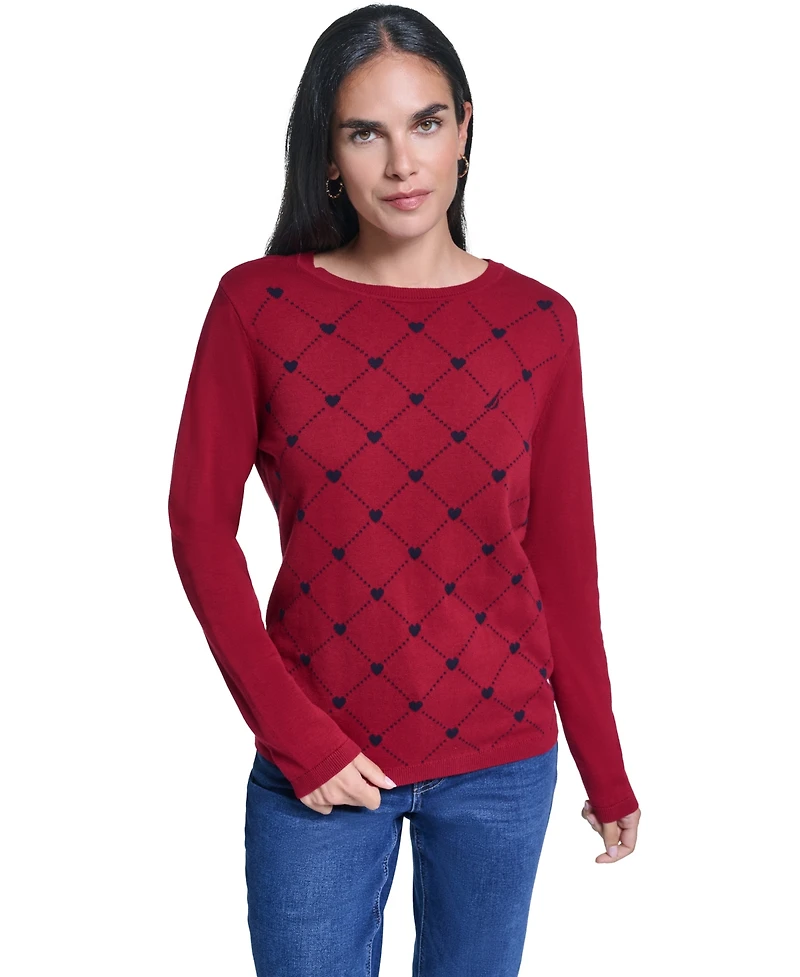 Nautica Women's Argyl Hearts Crewneck Long-Sleeve Cotton Sweater