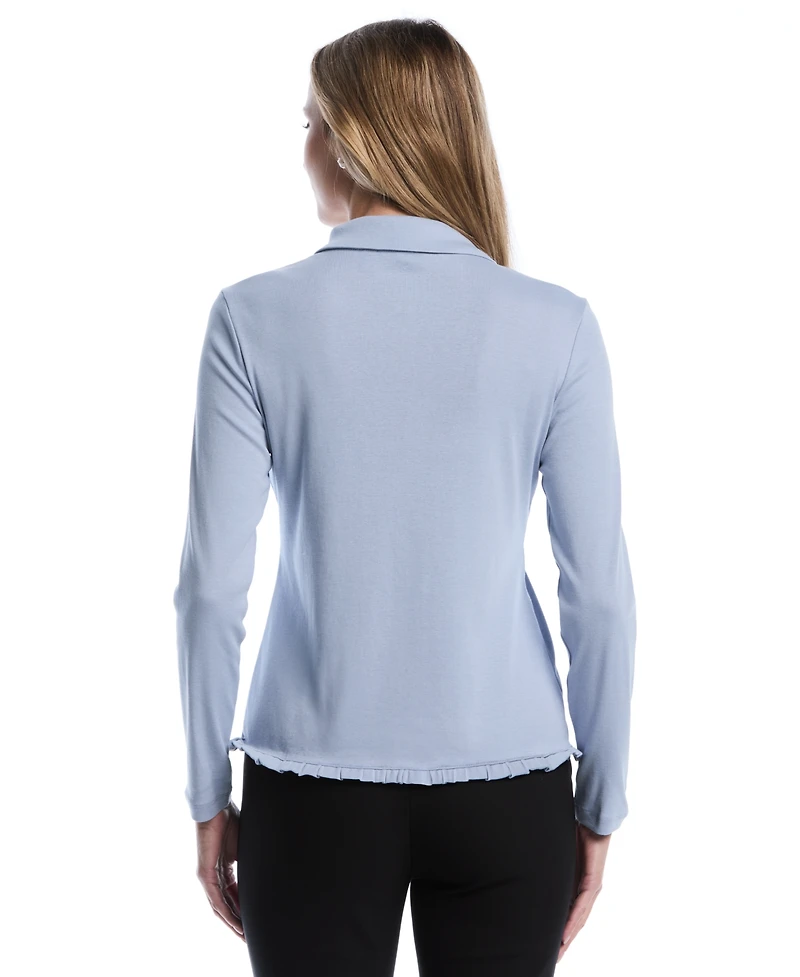 Rafaella Petite Long-Sleeve Ruffle-Trim Cotton Shirt