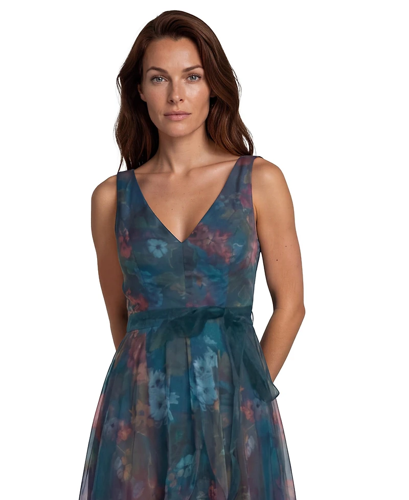 Rene Ruiz Occasion Women's V-neck Floral Printed Organza Waist Tie A-Line Gown