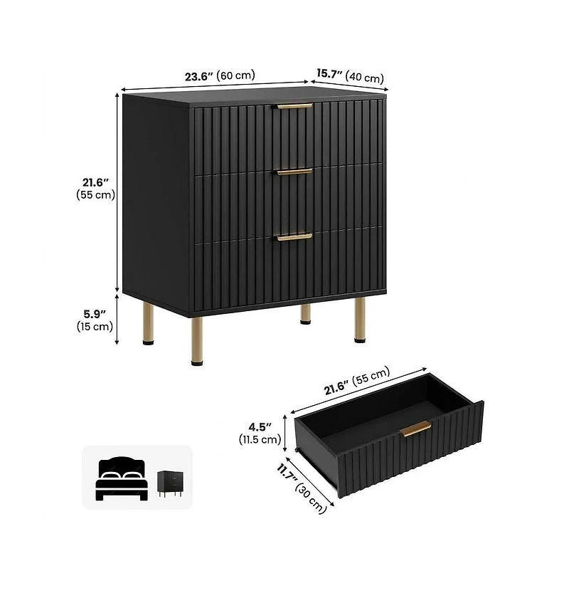 homfan Modern Fluted 3 Drawer Dresser, Wide Chest of Drawers with Deep Storage, Wooden Bedroom Organizer, Bedside Table Side for Living Room