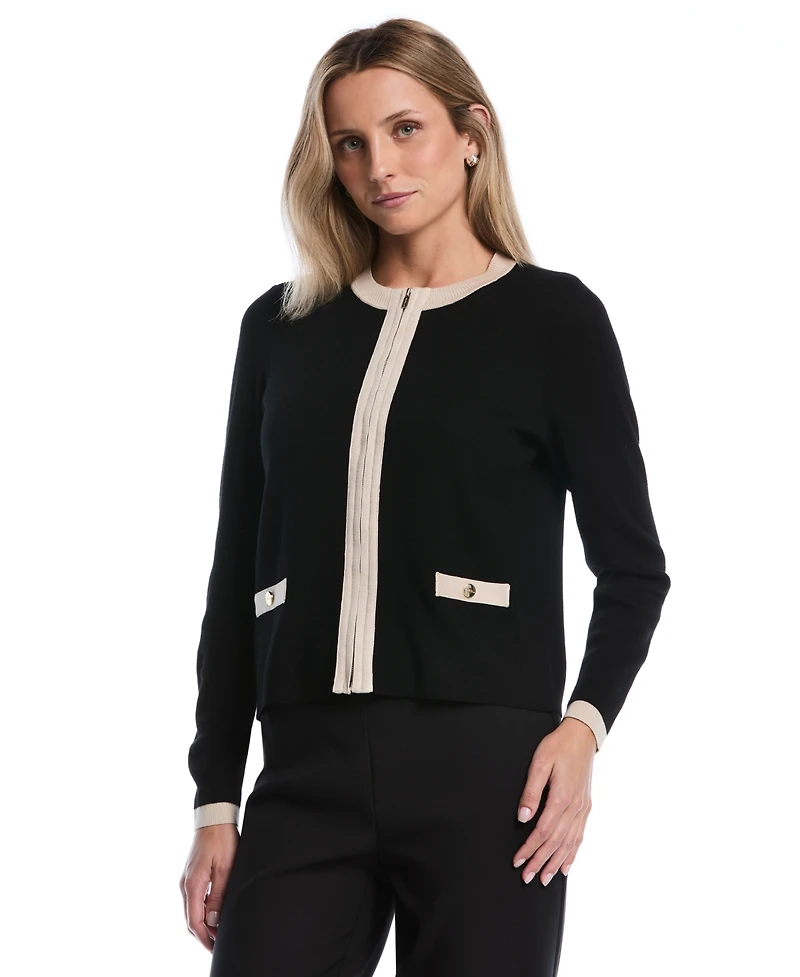 Rafaella Petite Colorblock Zip-Up Crewneck Cardigan