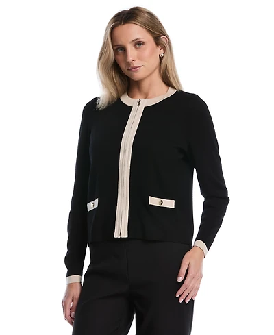 Rafaella Petite Colorblock Zip-Up Crewneck Cardigan