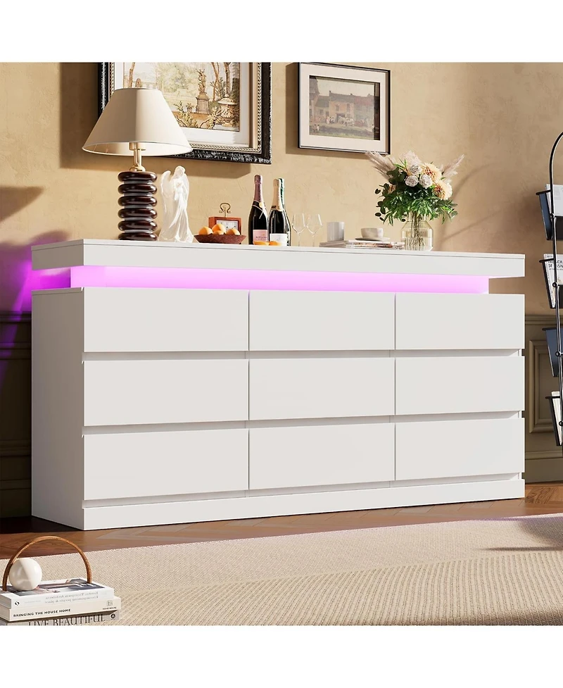 homfan 9 Drawer Dresser for Bedroom, 63" Wide Chest with Led Light and Charging Station, Tv Stand Multi-Functional Organizer Living Room