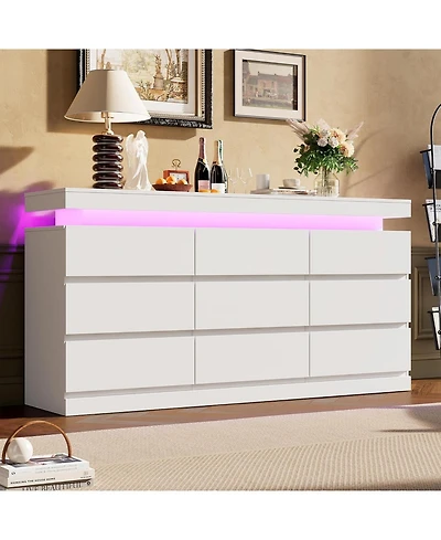 homfan 9 Drawer Dresser for Bedroom, 63" Wide Chest with Led Light and Charging Station, Tv Stand Multi-Functional Organizer Living Room