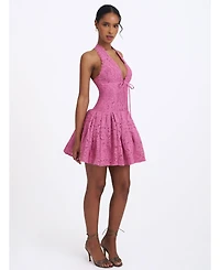 Miss Circle Women's Karla Magenta Lace Drop Waist Halter Mini Dress