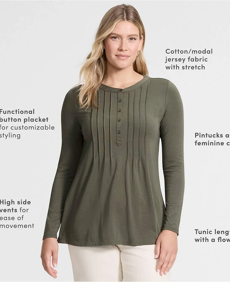 Lands' End Women's Long Sleeve Lightweight Jersey Pintuck Button Tunic Blouse