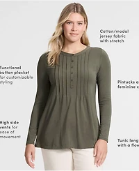 Lands' End Women's Long Sleeve Lightweight Jersey Pintuck Button Tunic Blouse