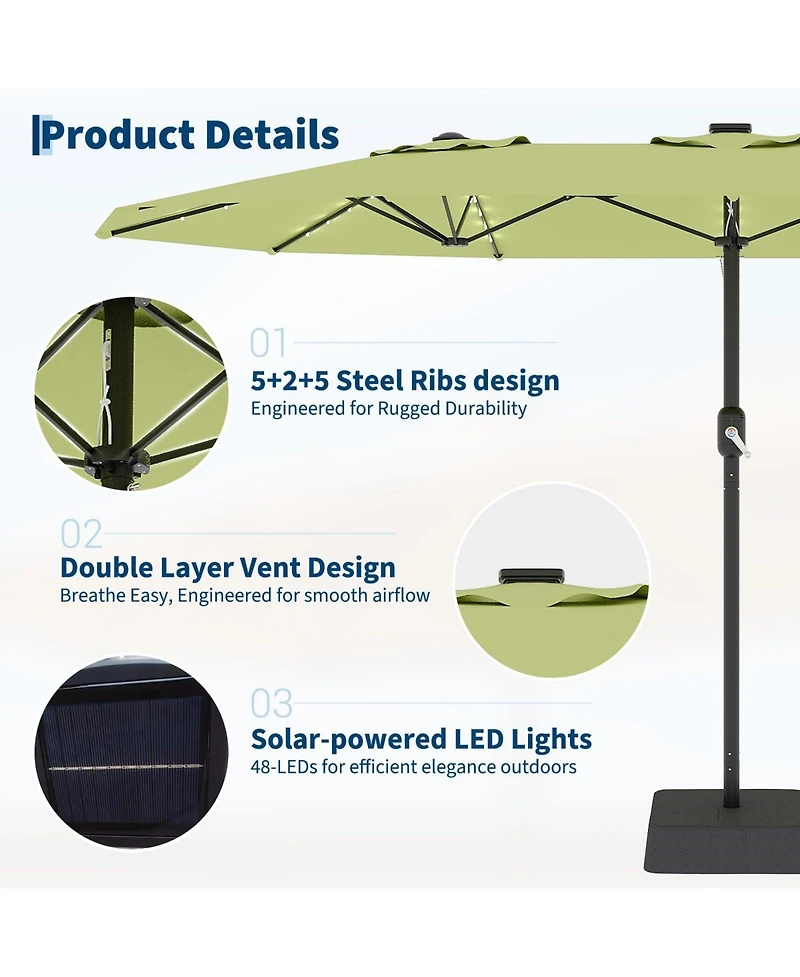 homfan 15 Patio Umbrella with Base Included, Solar Lights, 10 Ribs, Uv Protection and Waterproof Canopy for Garden