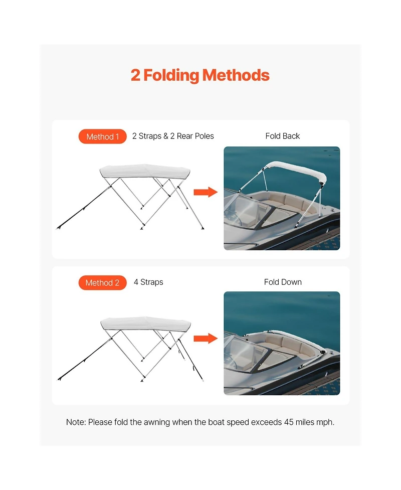 Sugift 3 Bow Boat Bimini Top 600D Polyester Canopy Aluminum Frame