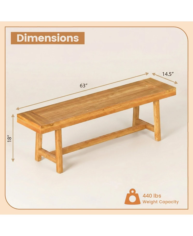 Costway 63 Inch Solid Wood Bench, Rustic Farmhouse Narrow Bench for up to 3 People
