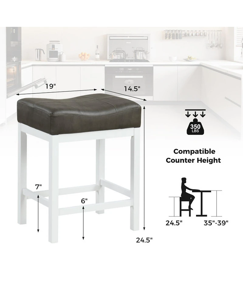Gouun Set of 2 Saddle Counter Stools with Linen Cushion and Rubberwood Frame