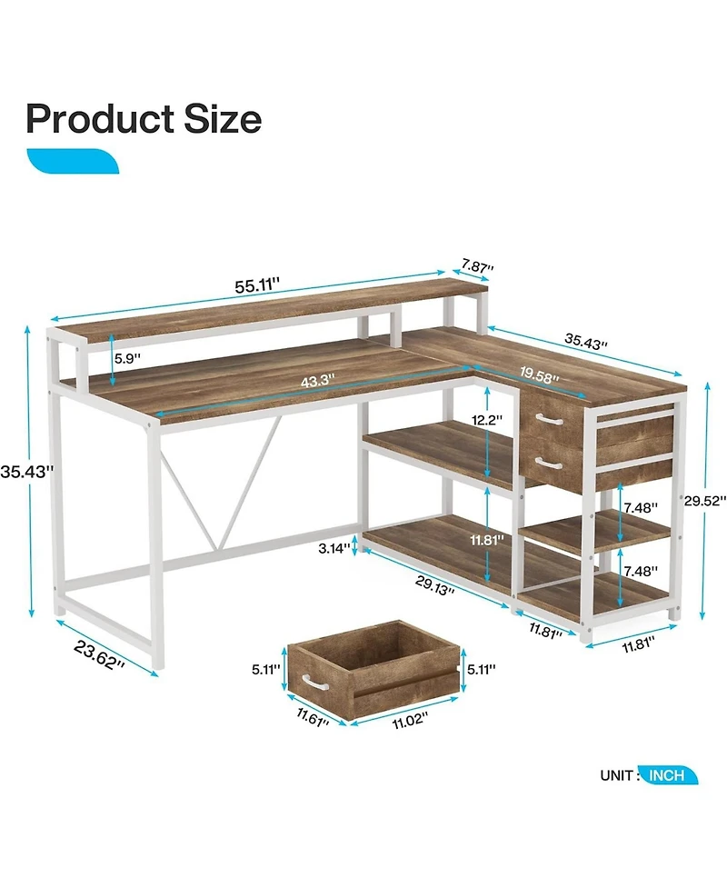 Tribesigns 55" L-Shaped Corner Desk with Drawers and Shelves, Oak