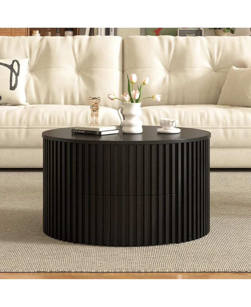 Flynama Round Lift Top Coffee Table, Fluted Wood Accent Table with Hidden Storage and Drawer, Solid Wood and Mdf