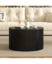 Flynama Round Lift Top Coffee Table, Fluted Wood Accent Table with Hidden Storage and Drawer, Solid Wood and Mdf