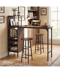 Costway 3 Piece Bar Table and Chairs Set Industrial Pub Stools with Bottle Wine Rack