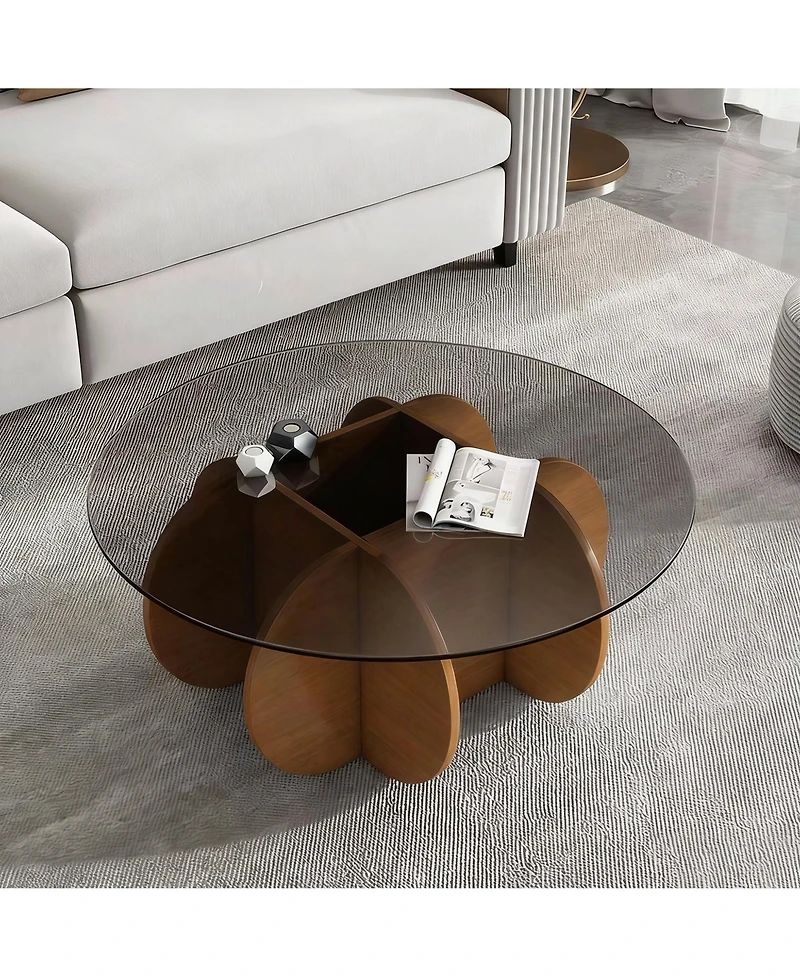 Flynama 31.5 Inch Round Walnut Coffee Table, Mid Century Modern Tempered Glass Top Center Table for Living Room