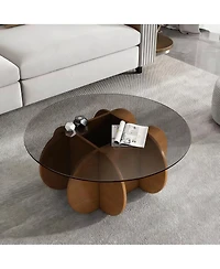 Flynama 31.5 Inch Round Walnut Coffee Table, Mid Century Modern Tempered Glass Top Center Table for Living Room