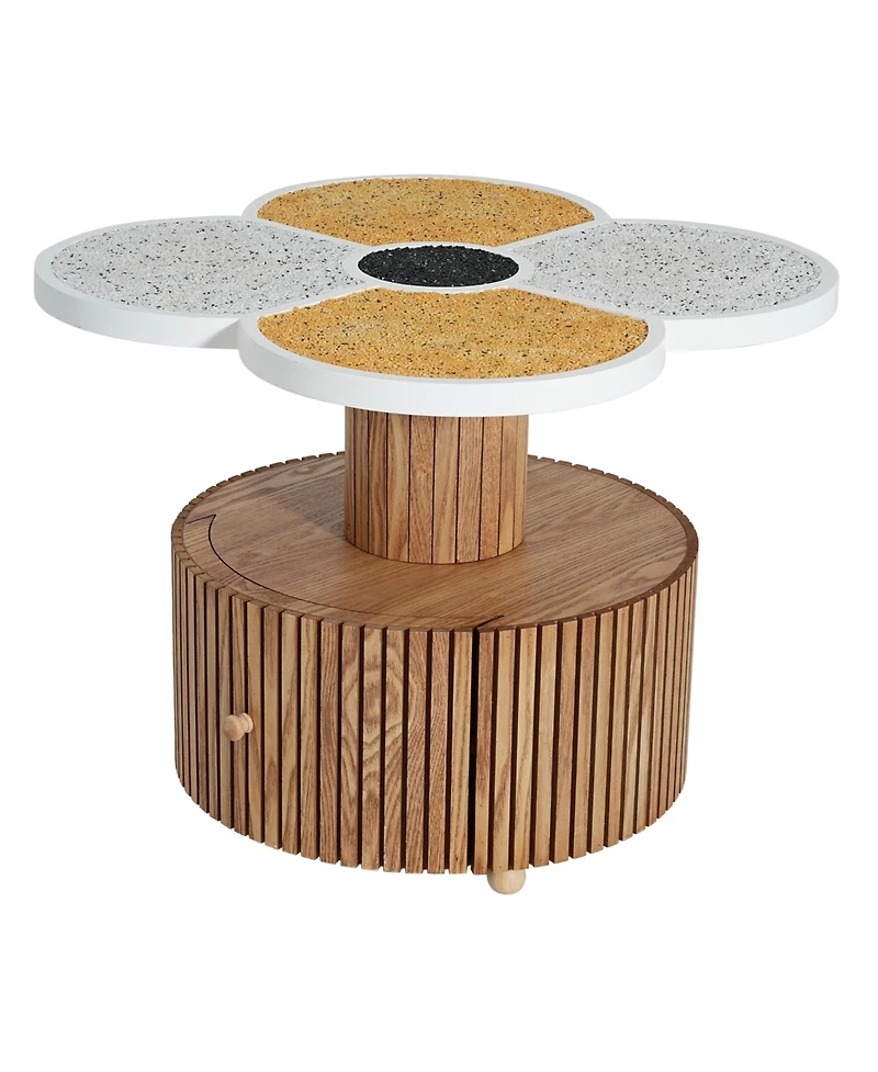 Flynama Four-Leaf Clover Side Table with Drawer, Stone Texture Top Wood-Grain Base Accent Table