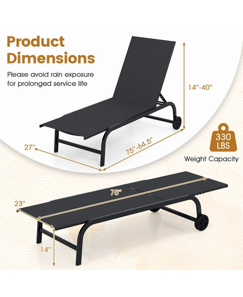 Gouun Outdoor Chaise Lounge Chair with Wheels and Heavy-Duty Metal Frame