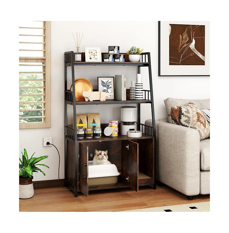 Ruie Hidden Litter Box Cabinet 52 in Cat Enclosure with Scratching Pad and Shelves