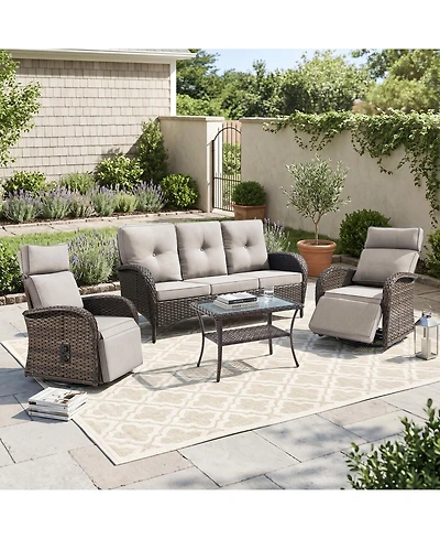 Pocassy 4 Piece Wicker Patio Furniture Set, Outdoor Swivel Recliner Chair with 3-Seat Sofa, Coffe Table, All-Weather Conversation Set