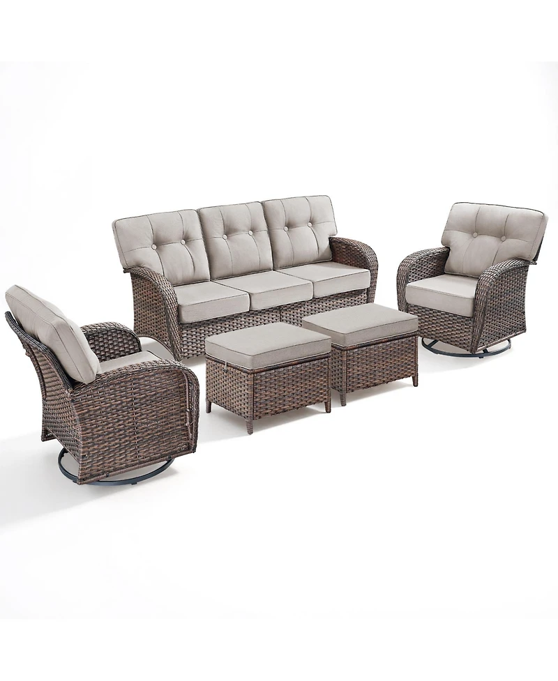 Pocassy 5Piece Patio Furniture Set, Outdoor Wicker Sofa Couch, Swivel Rocking Chairs, Ottomans, 5in Thick Cushions, All-Weather Conversation Set