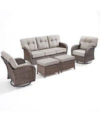 Pocassy 5Piece Patio Furniture Set, Outdoor Wicker Sofa Couch, Swivel Rocking Chairs, Ottomans, 5in Thick Cushions, All-Weather Conversation Set