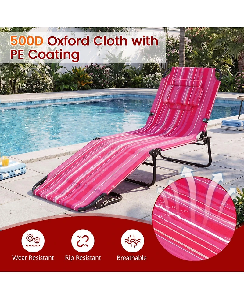 Costway Beach Chaise Lounge Chair with 4-Position Adjustable Backrest and Face Hole Pillows