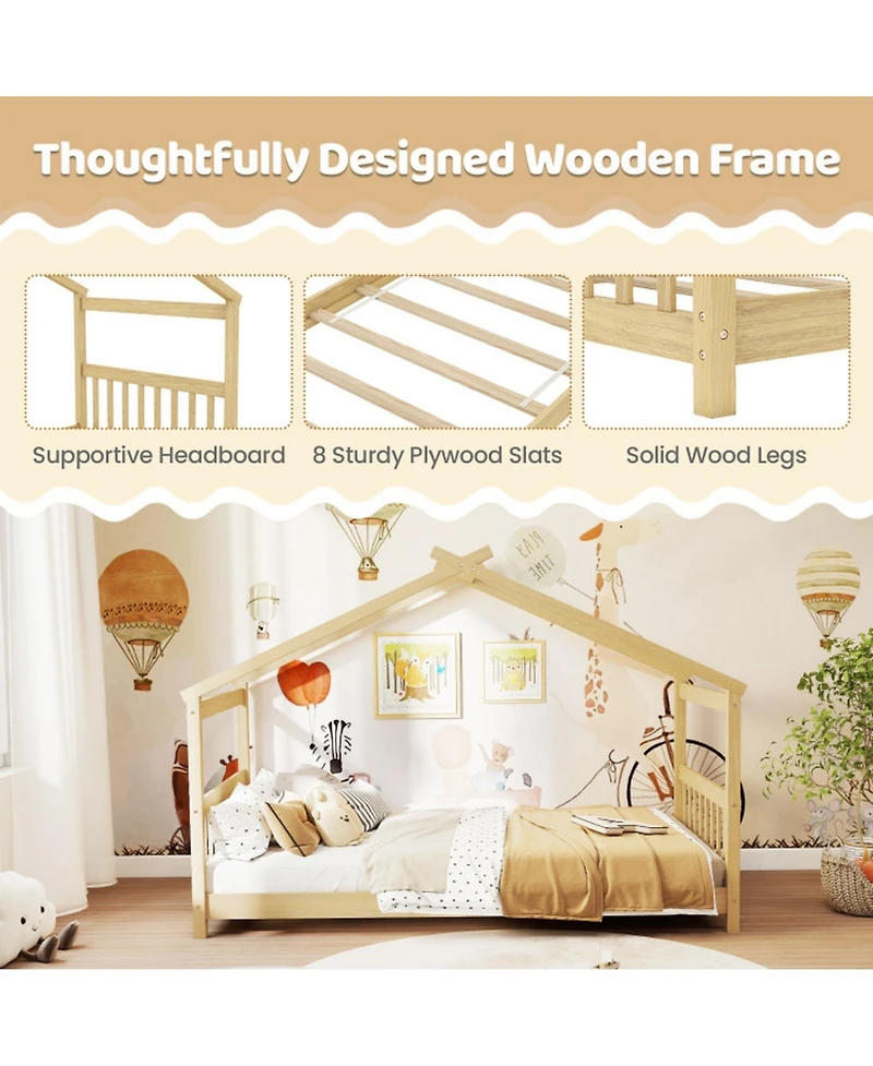 Sugift Twin Size Wooden House Bed with Roof