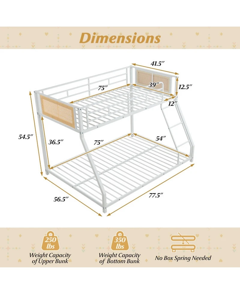Sugift Metal Twin-Over-Full Bunk Bed with Full Length Safety Guardrail and Ramp Ladder