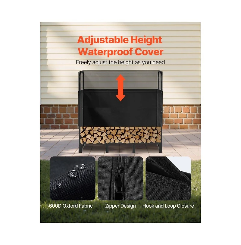 Slickblue 4ft Metal Firewood Holder Rack with Top Cover for Outdoor Wood Storage