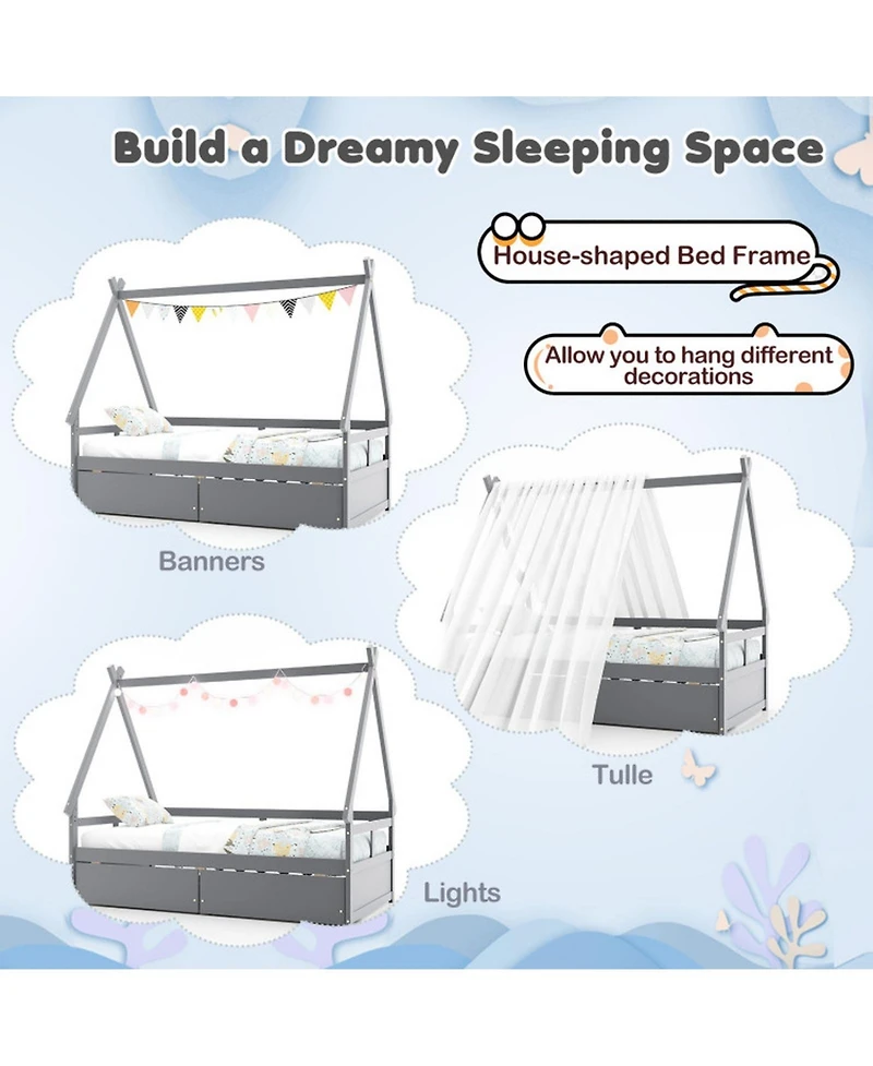Sugift Twin Size House Bed with Roof and Safety Guardrail