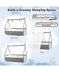 Sugift Twin Size House Bed with Roof and Safety Guardrail
