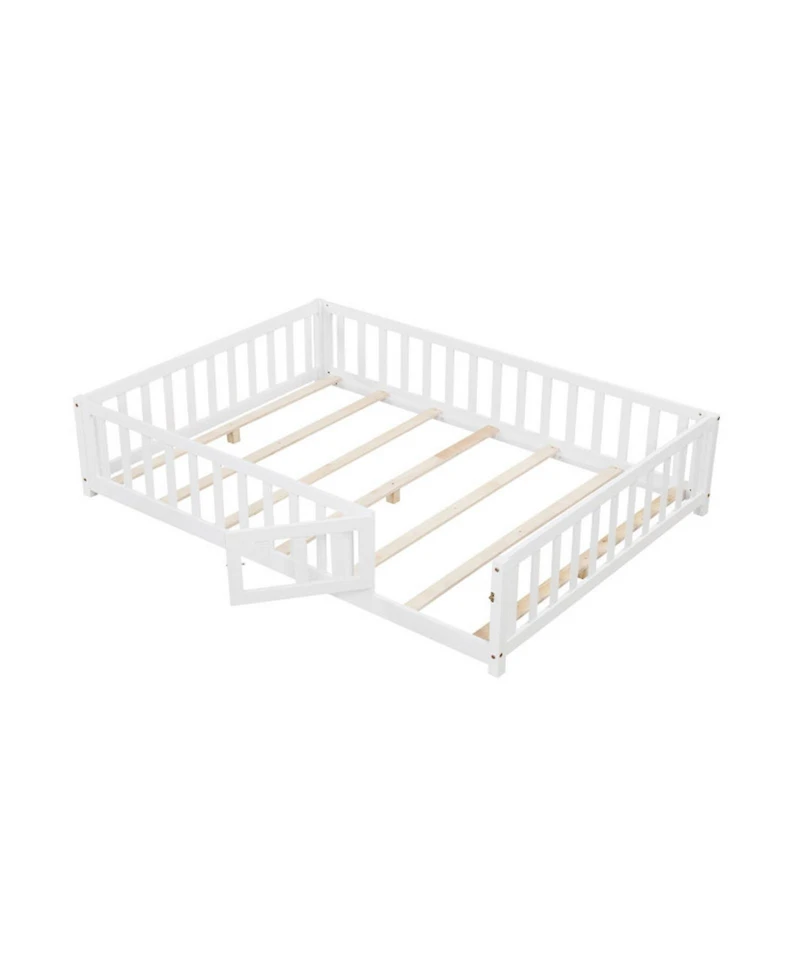 Sugift Full Size Montessori Bed Frame with Full-Length Guardrails Safety Door and Latch