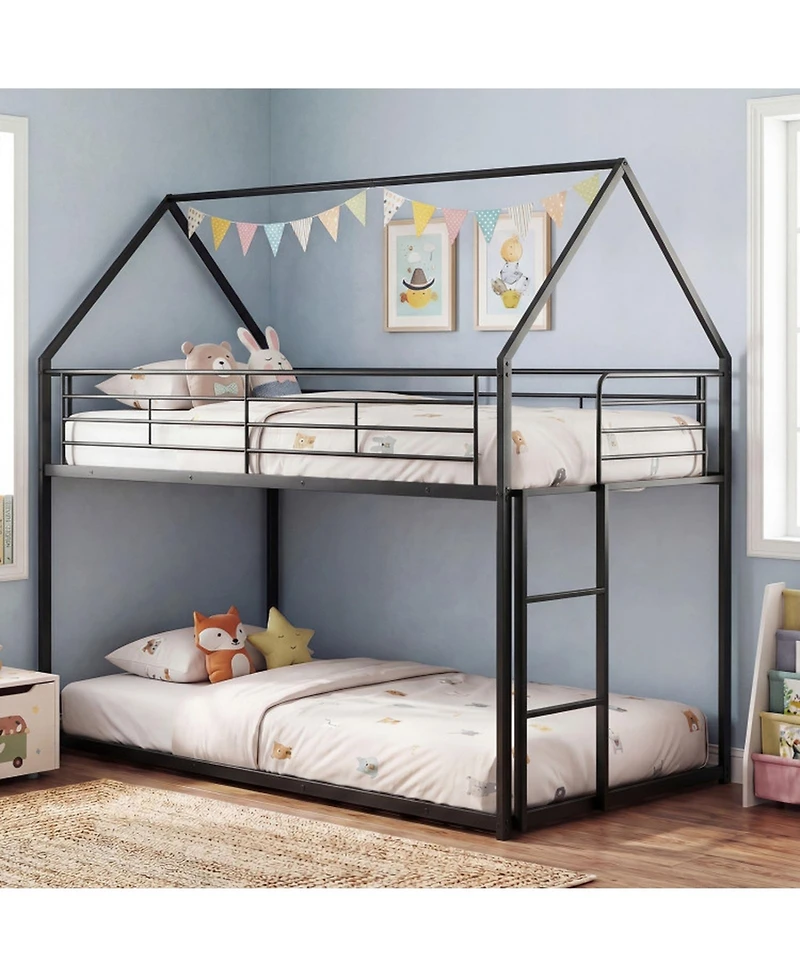 Sugift Twin Over Twin Metal Bunk Bed with Roof and Ladder
