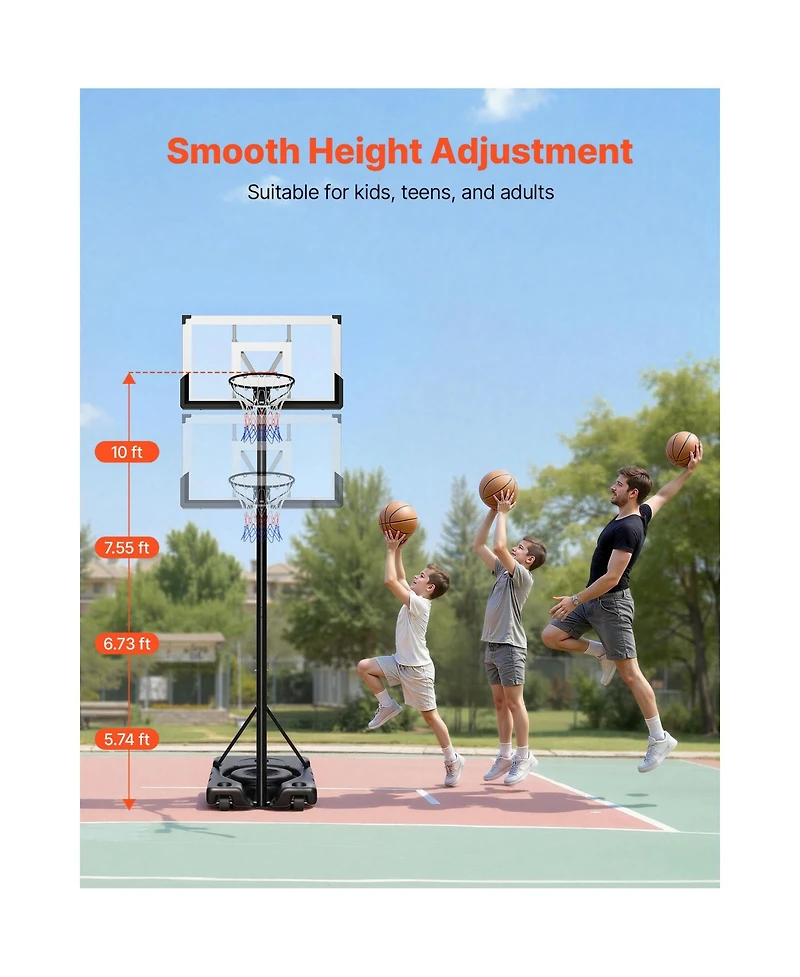 Sugift Portable Basketball Hoop with 10 ft Height Adjustment 48 in Pc Backboard and Wheels