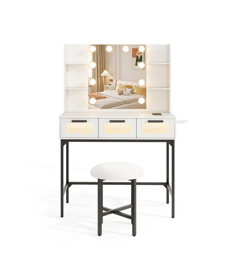 Sugift Makeup Vanity Desk with 10-Bulb Hollywood Mirror Charging Station and Padded Stool
